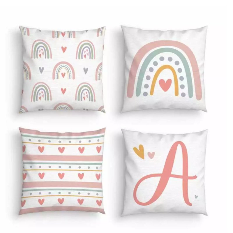 Conjunto 4 Capas para Almofadas Boho Arco-Íris Personalizadas com Inicial