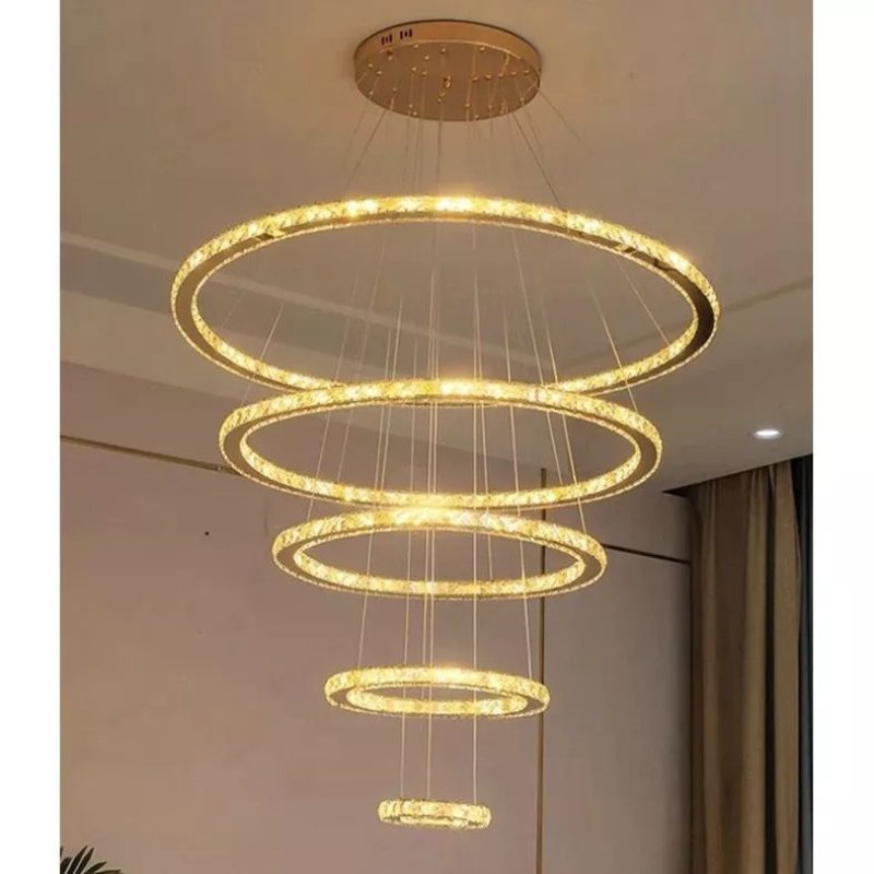 Lustre Pendente 5 Anéis LED Dourado 96W Bivolt